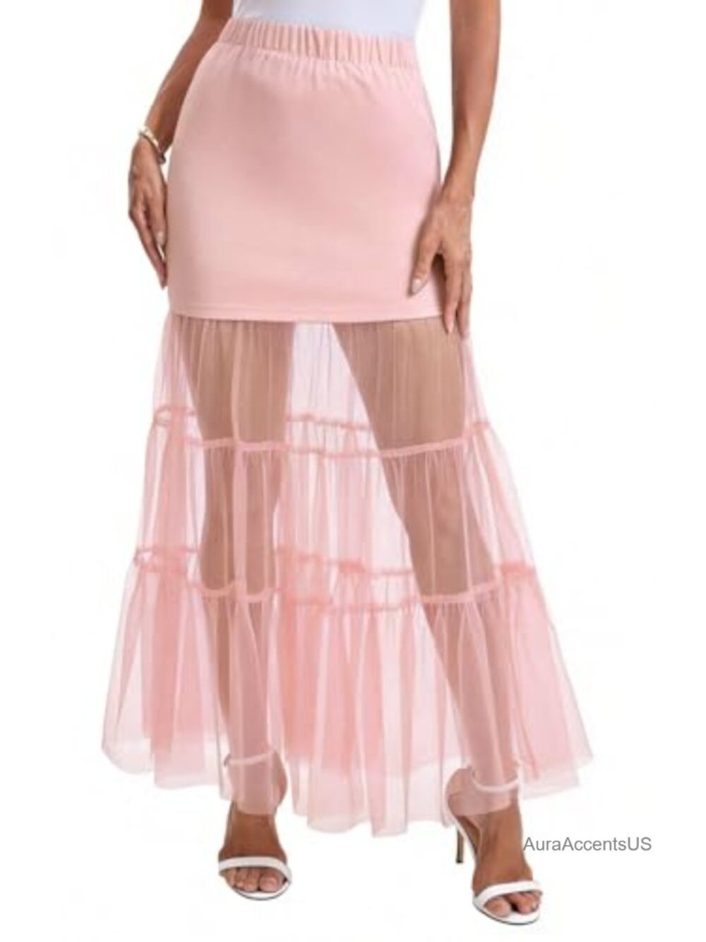 Lace Bodycon Sheer Maxi Skirt High Waisted A-Line Patchwork Mesh Ruffle Hem